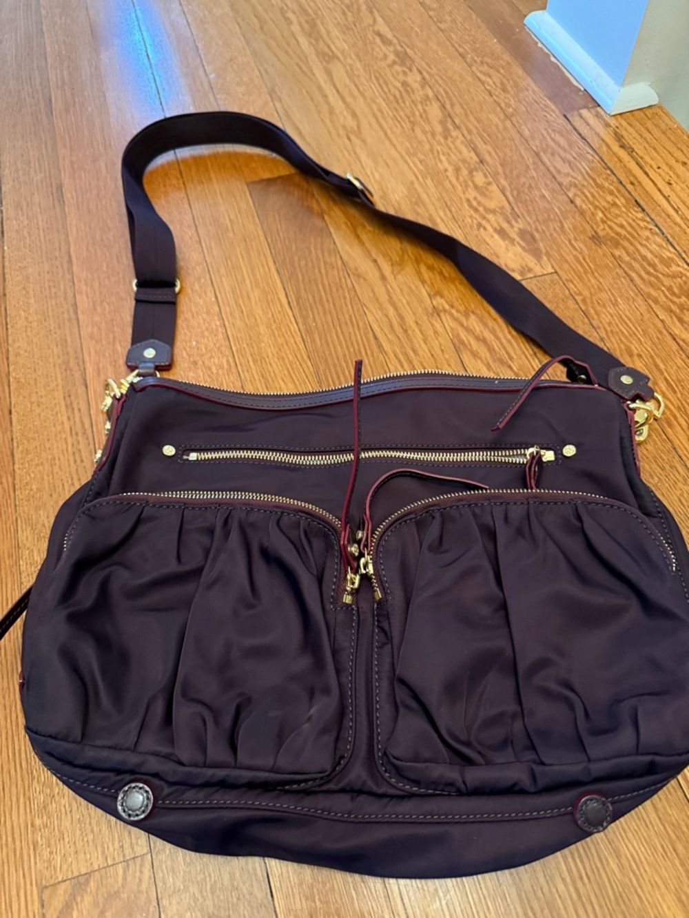MZ Wallace Dark Plum Nylon Crossbody Bag with Gold Hardware